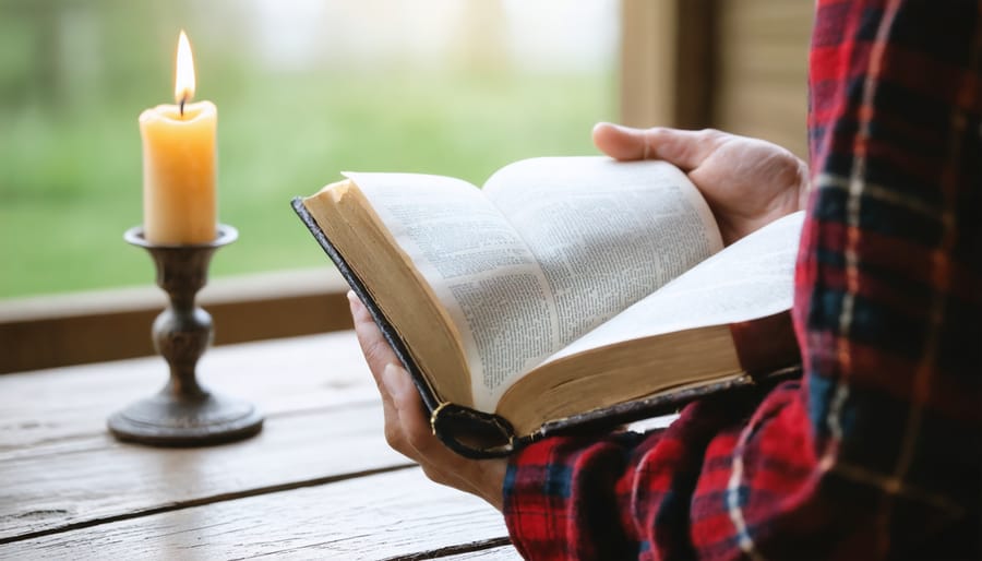 Individual engaged in personal Bible study and reflection with journal and candle