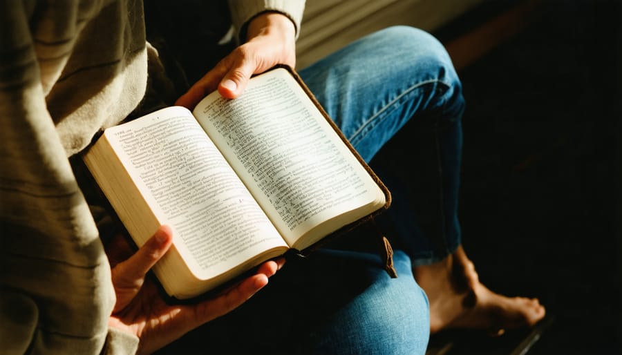 Individual practicing faith-based CBT with Bible and journal in a quiet setting