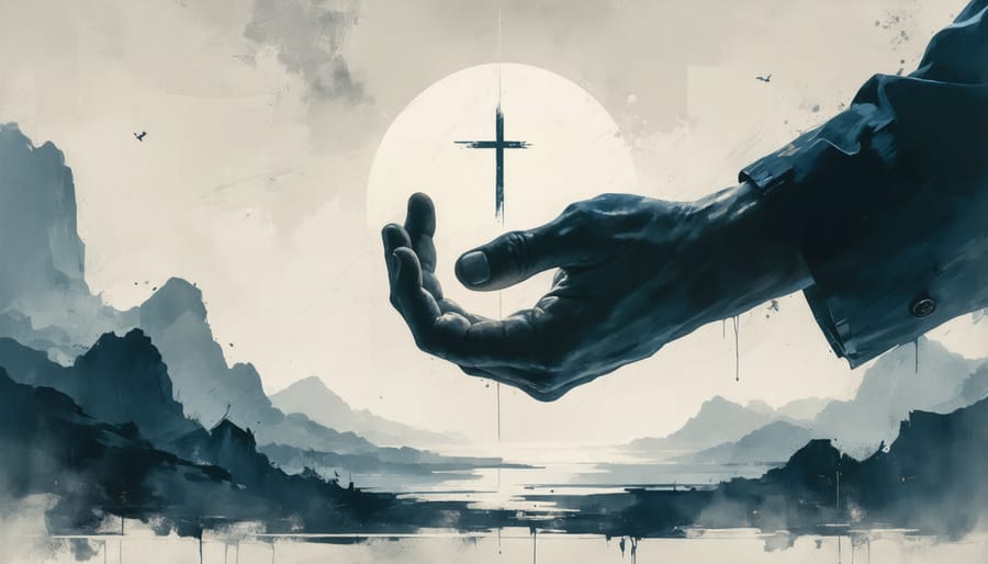 Compassionate hand reaching out to help someone in crisis with religious symbolism in background