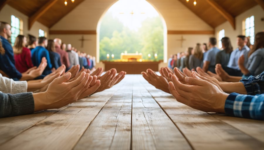 Supportive group of people holding hands in prayer circle at church