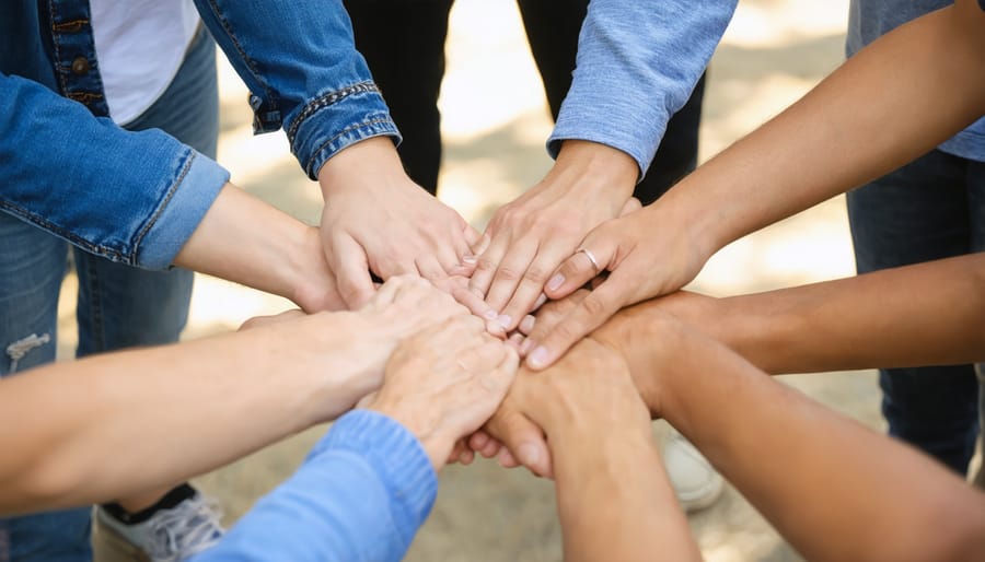 Support group praying together in a circle demonstrating faith-based community care