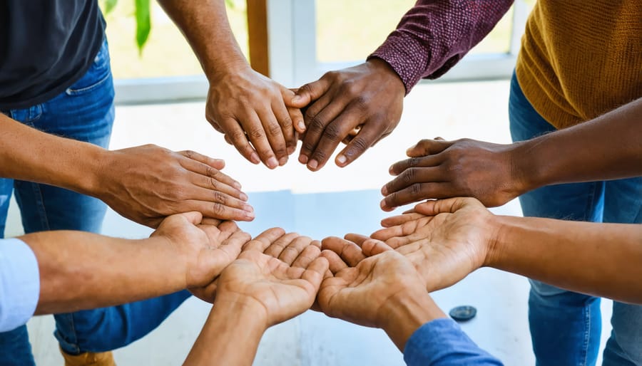 Support group forming a prayer circle, demonstrating community healing