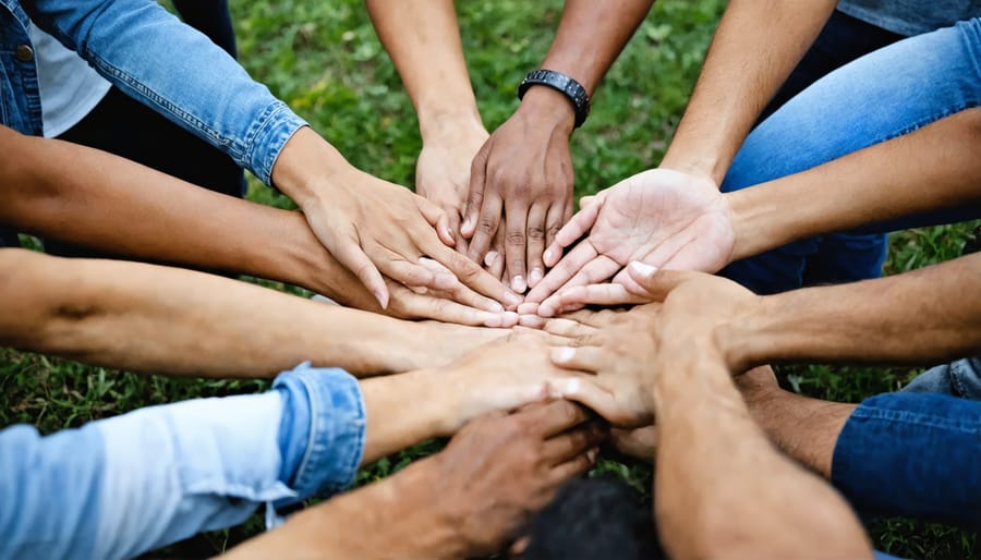 Multi-ethnic group holding hands in a prayer circle, showing unity and support