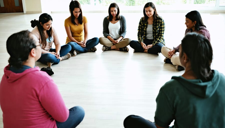 Small group of people praying together in a supportive church community setting