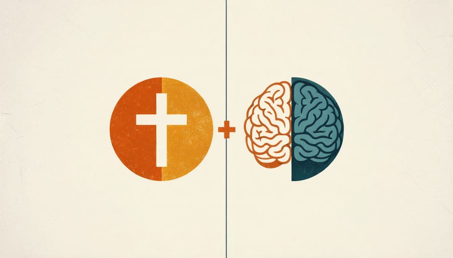 Abstract representation of faith and cognitive therapy integration through overlapping cross and brain symbols