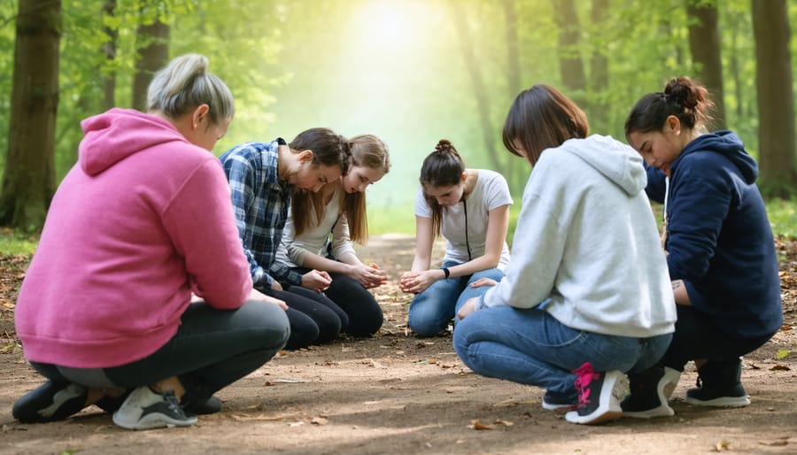 Christian support group holding hands in prayer circle, showing community support