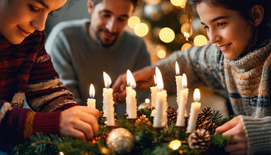 Multi-generational family participating in Advent wreath ceremony with four candles