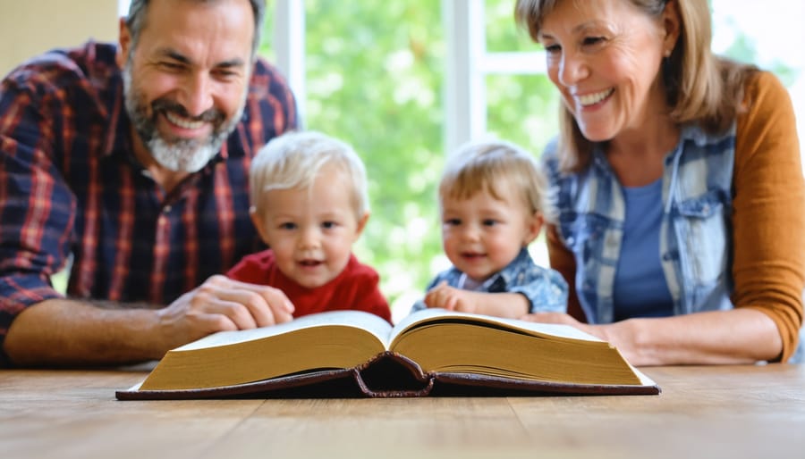 Family members of different ages reading the Bible together at home