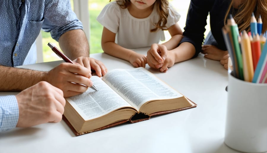 Christian family engaged in Bible study time together at home