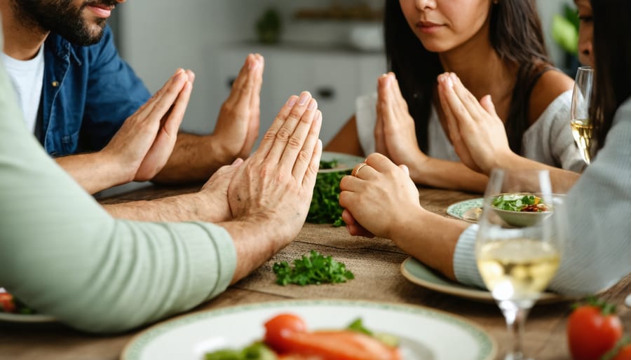 Christian family engaged in prayer time during daily activities