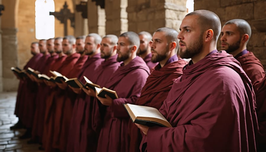 Group of monks performing Gregorian chant in a stone monastery chapel