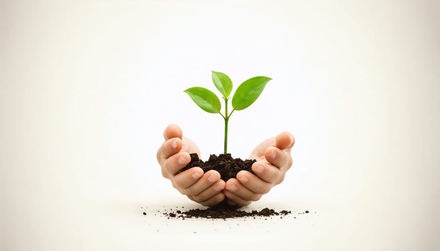 Human hands gently holding soil with a young green seedling, representing environmental stewardship