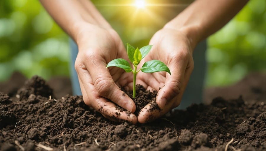 Human hands gently holding soil with a young seedling, symbolizing environmental stewardship