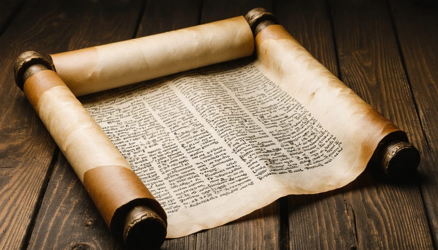 Historical biblical scrolls surrounded by period-specific artifacts