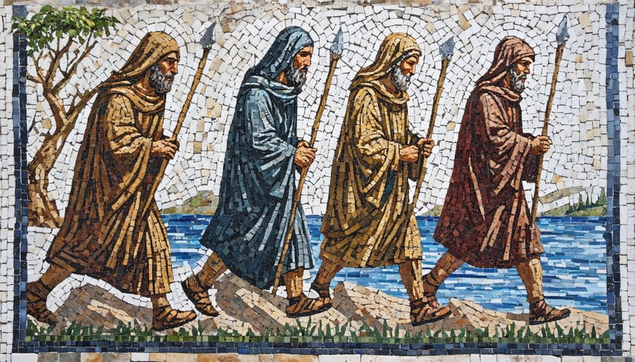 Historical mosaic showing medieval pilgrims walking with staffs and carrying bags