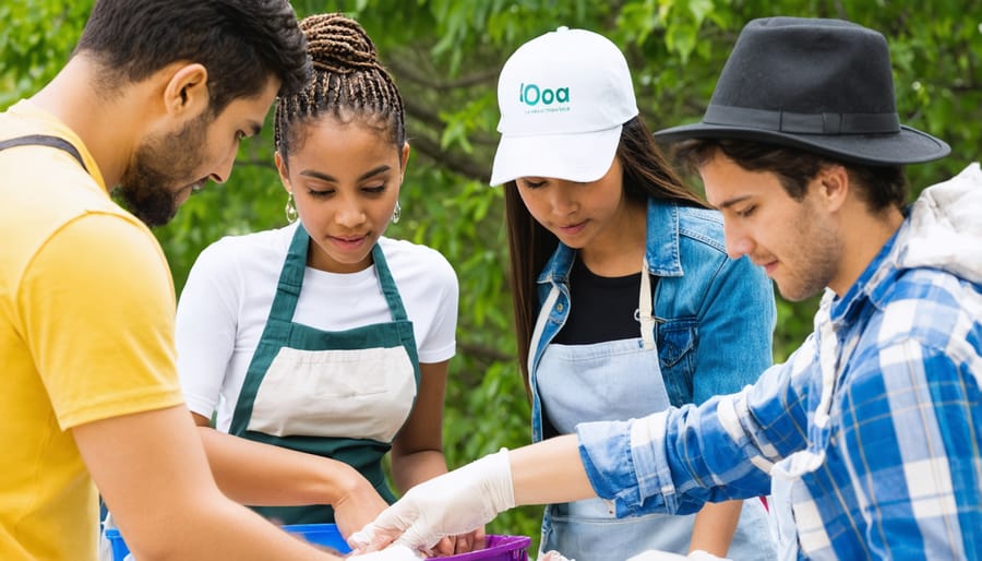 Diverse group of people wearing different religious attire collaborating at a food bank