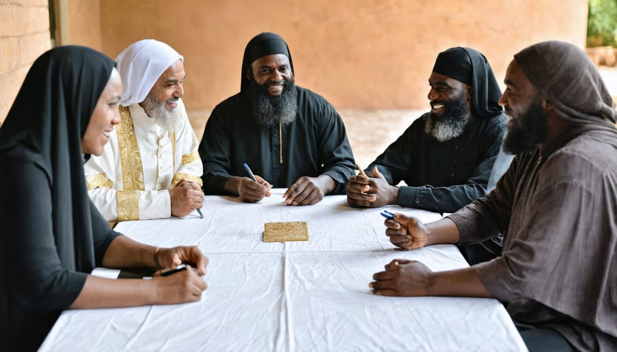 Religious leaders from Christian, Jewish, Muslim, Hindu, and Buddhist faiths sitting together in dialogue