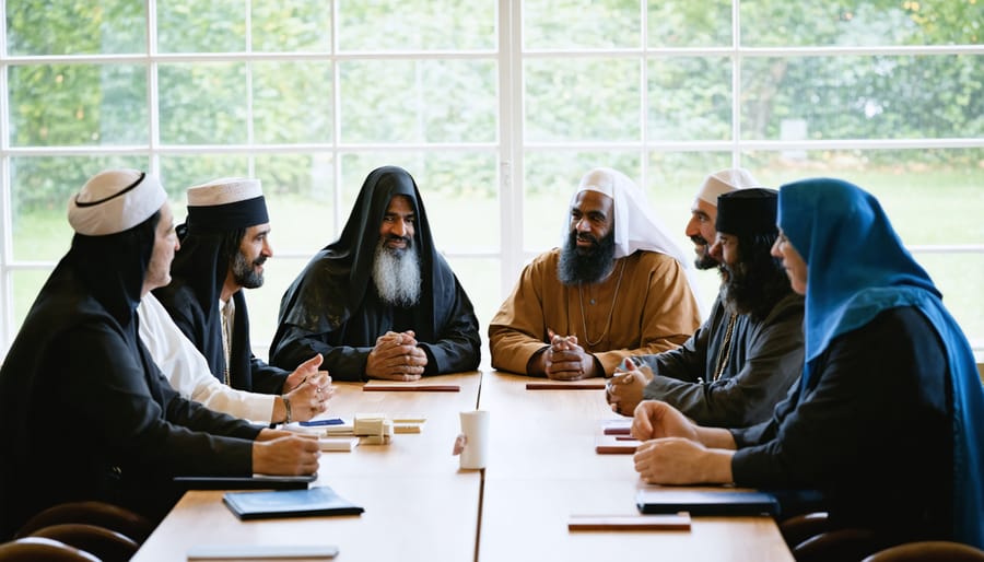 Interfaith leaders collaborating at a corporate responsibility meeting