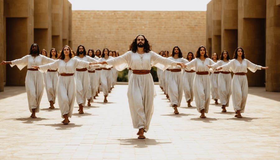 Ensemble of liturgical dancers performing interpretive dance to tell a biblical story