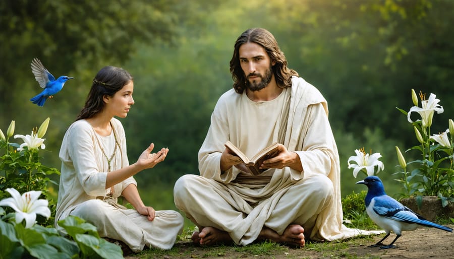 Illustration of Jesus teaching about God's care for creation using nature as examples