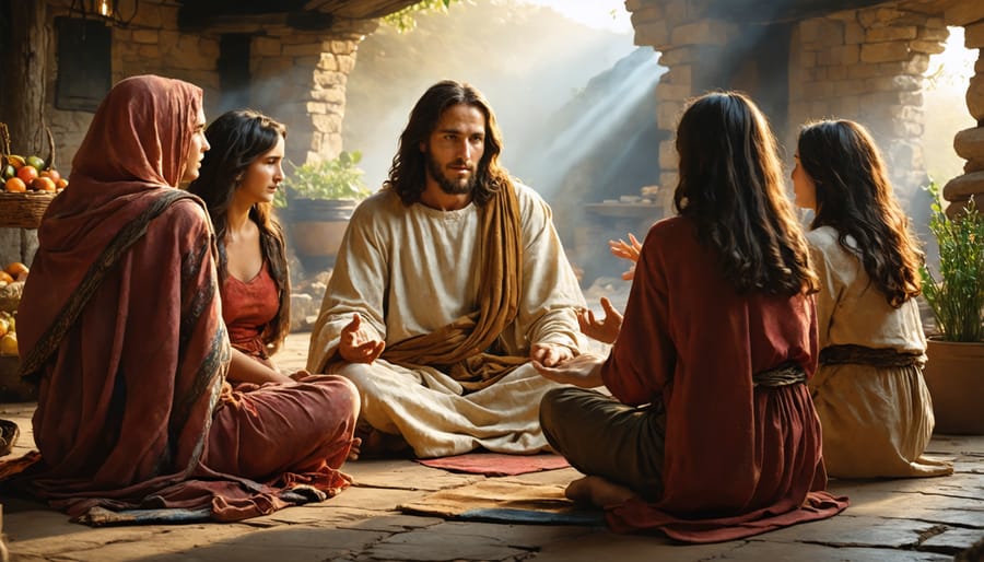 Artistic rendering of Jesus teaching women disciples, illustrating his revolutionary approach to gender equality