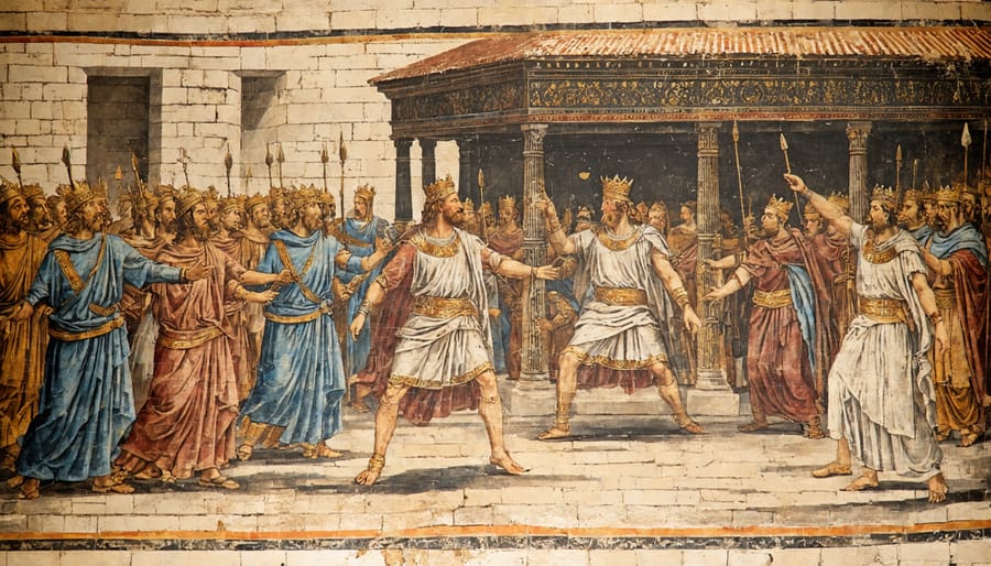 Historical artistic depiction of King David dancing in worship with musicians and followers