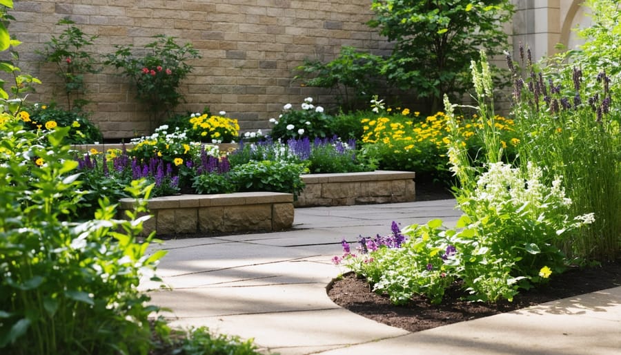 Minimalist church garden with early spring plants and meditation area