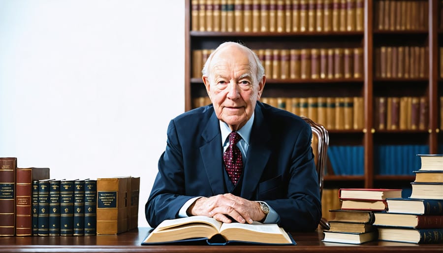 Historical black and white photograph of Dr. Martyn Lloyd-Jones sitting at his desk with books and Bible