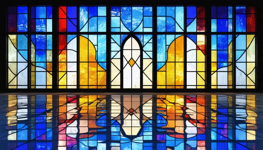 Abstract contemporary stained glass window featuring vibrant colors and Christian symbols