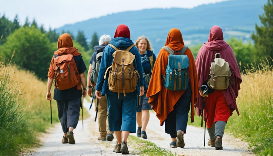 Contemporary pilgrims walking together on the historic Camino de Santiago pilgrimage route