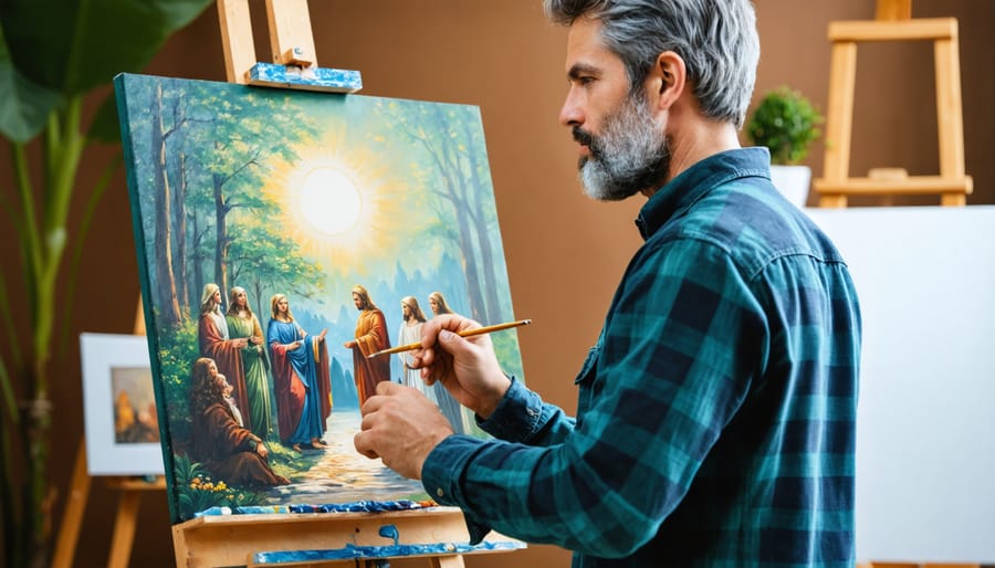 Artist creating religious artwork while referencing Bible, showing contemporary sacred art creation