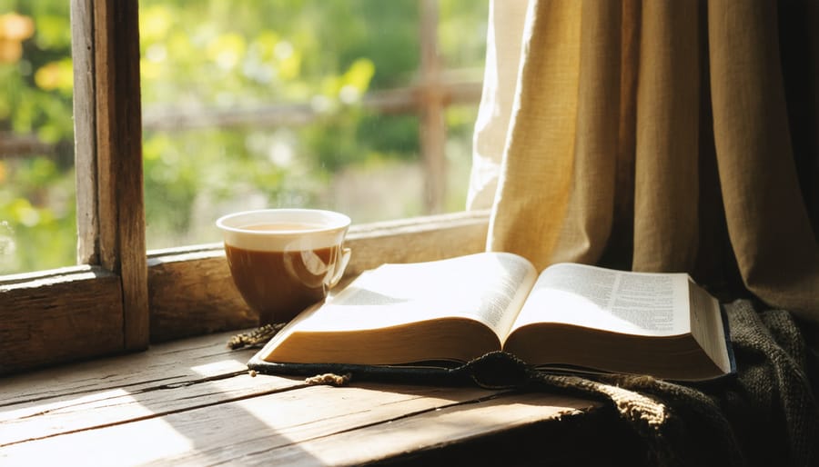 Bible open to Psalms with morning devotional setting including tea cup and window light