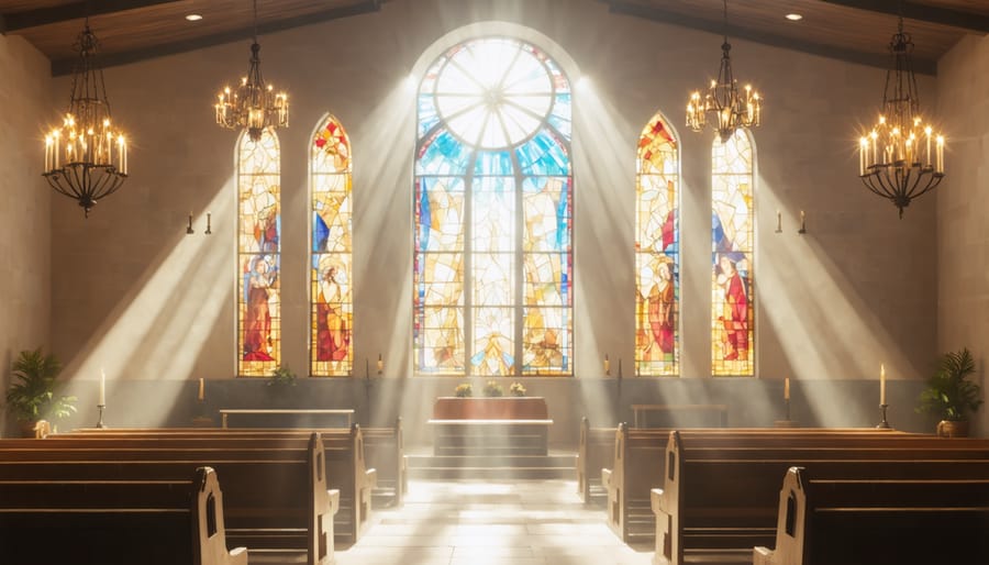 Peaceful chapel interior with sunlight through stained glass creating colorful reflections