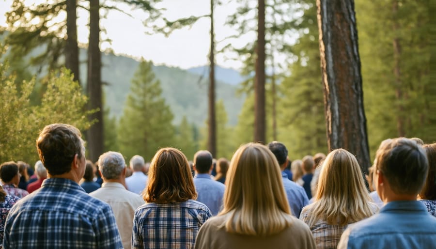 Congregation gathered for worship in a forest clearing with natural altar