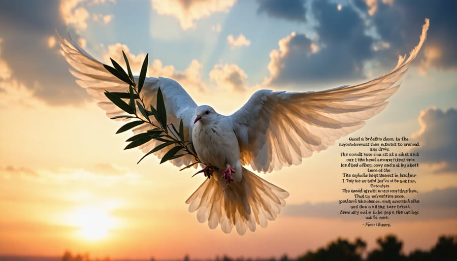 Peace dove with olive branch flying against sunset sky with scripture reference