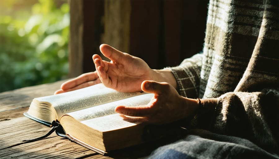 Individual engaged in peaceful prayer and Bible study by a window