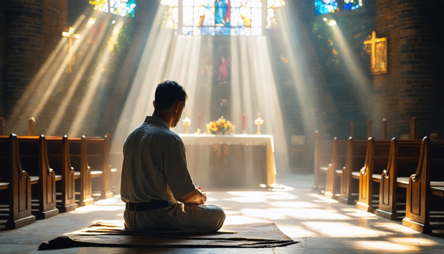 Individual in peaceful prayer inside a sunlit chapel