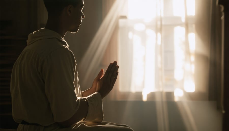 Individual in peaceful prayer with sunlight symbolizing divine presence