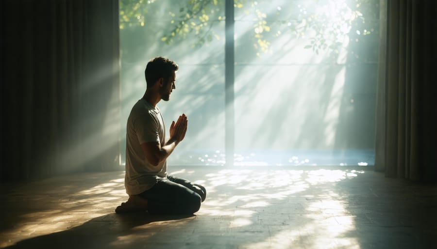 Person praying peacefully in a quiet, sunlit space