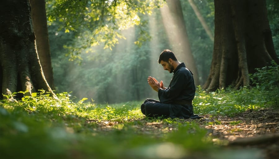 Person with closed eyes praying peacefully in nature, surrounded by gentle sunlight