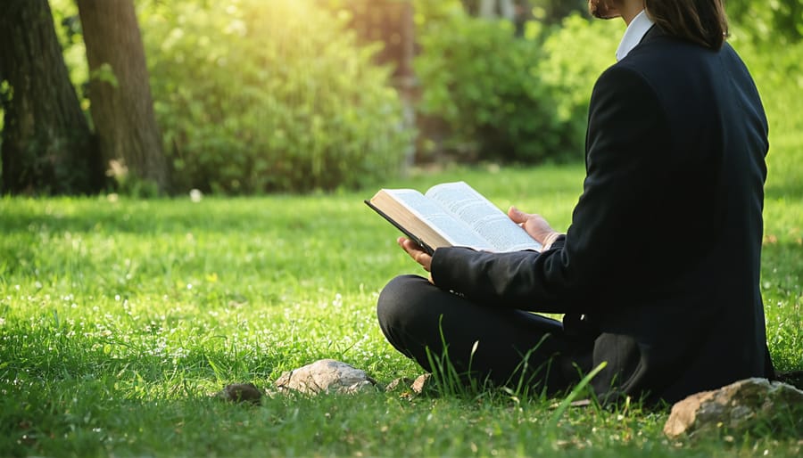 Individual engaged in prayer and Bible study in a serene garden environment