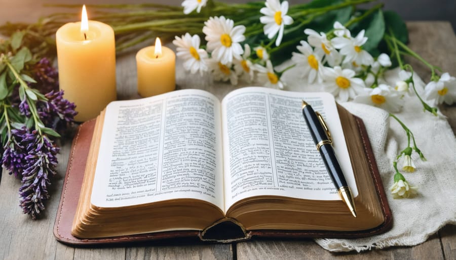 Prayer journal setup with Bible, writing materials, and peaceful decorative elements