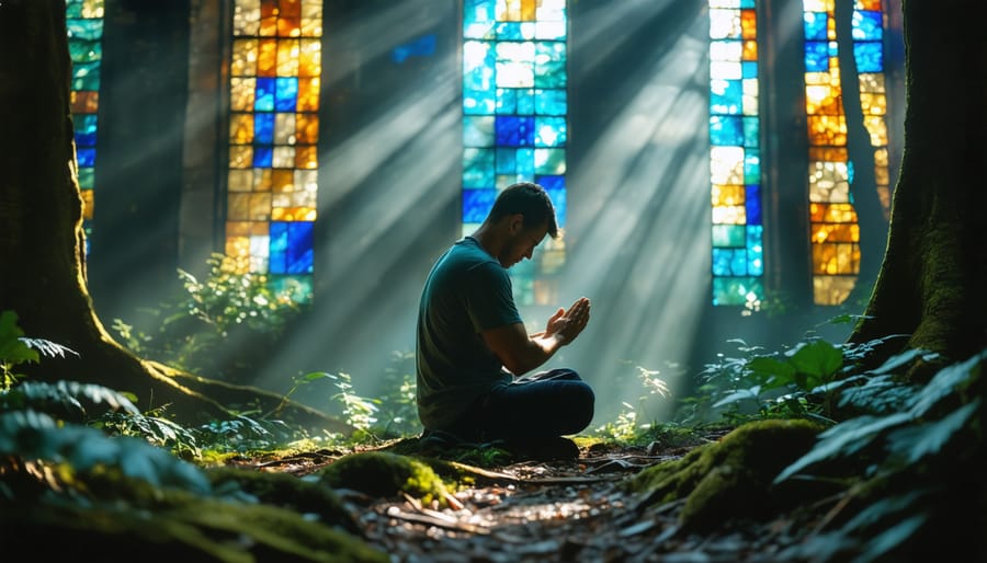 Person in prayer surrounded by natural elements with filtered sunlight creating a spiritual atmosphere