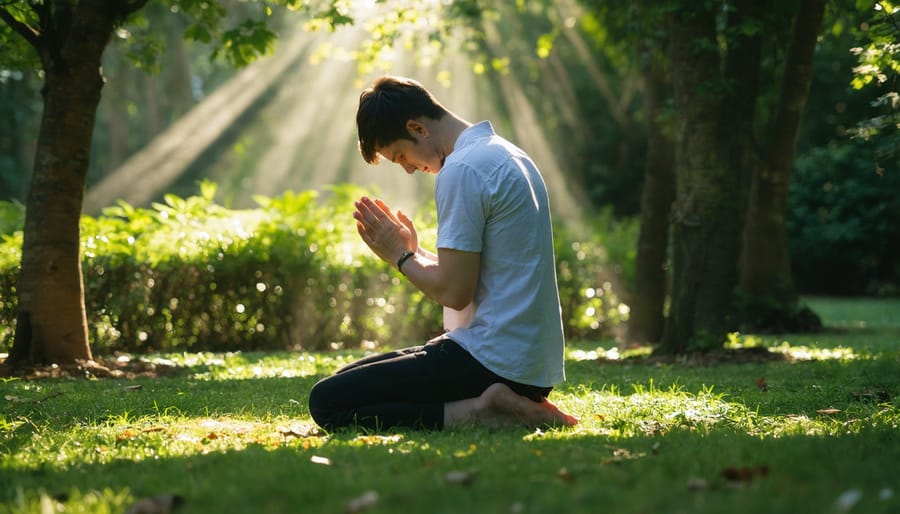 Individual seeking spiritual guidance through prayer in peaceful garden