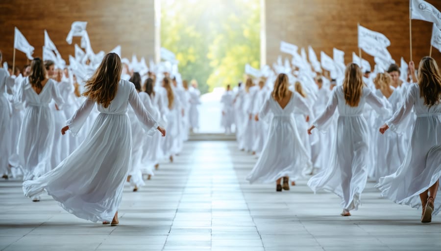 Liturgical dancers performing a processional dance in white garments with colorful worship banners