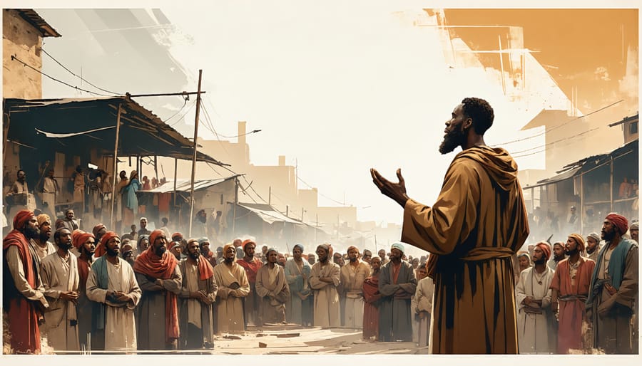 Artistic rendition of Prophet Amos speaking about justice in ancient marketplace