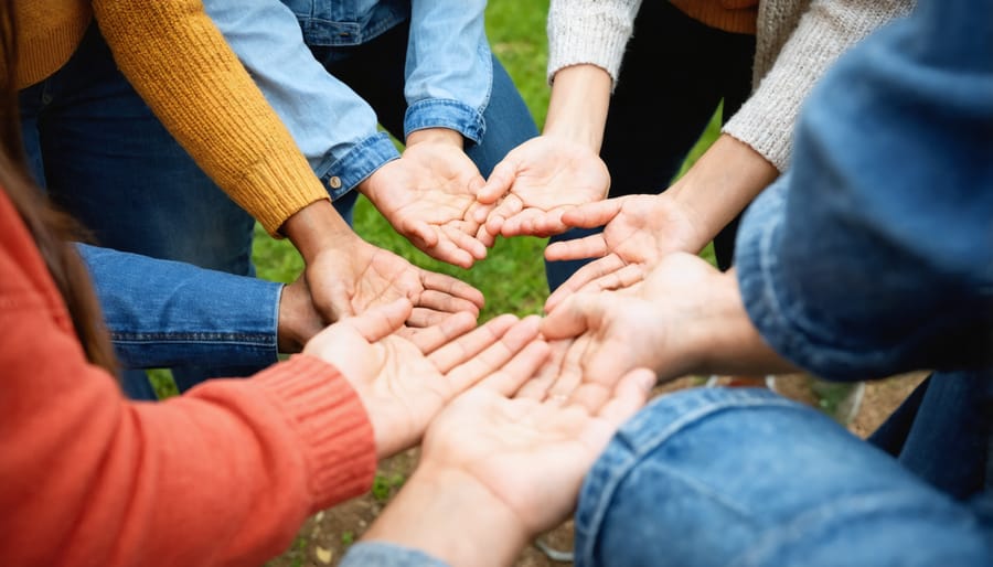 Diverse group holding hands in prayer circle, showing community support