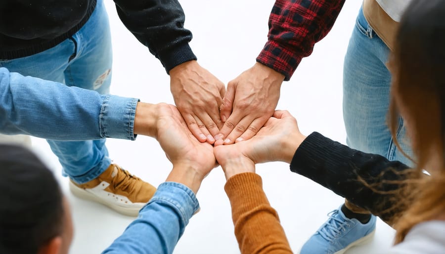 Diverse group of people joined in prayer and support during a recovery meeting