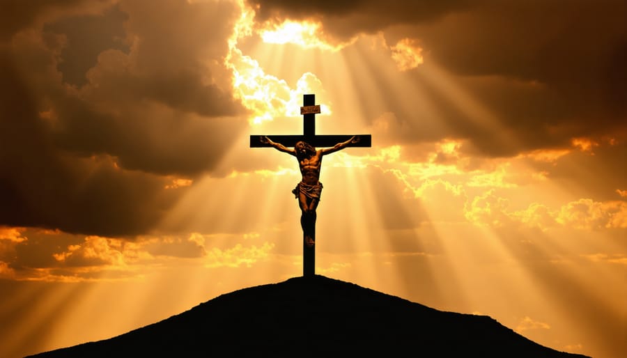 Wooden cross silhouetted against a dramatic sunset sky with divine light rays