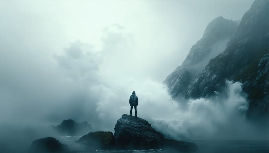 Silhouette of person standing confidently on a rocky outcrop while waves crash around them